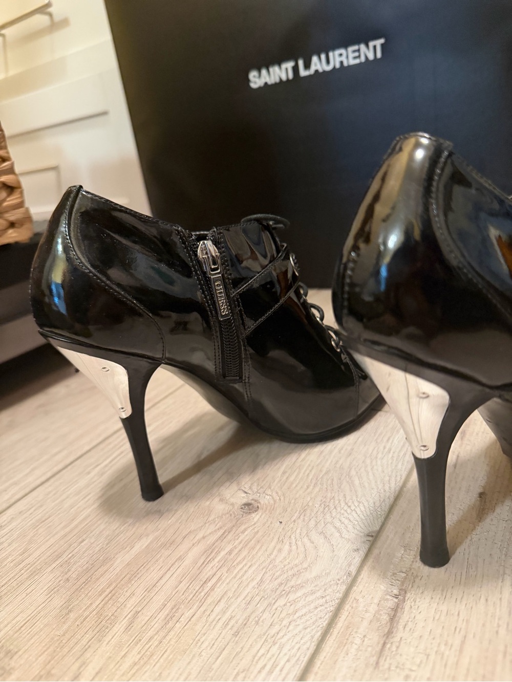 GUESS Black Patent Pointed Lace-Up Ankle Boots - Picture 4 of 6